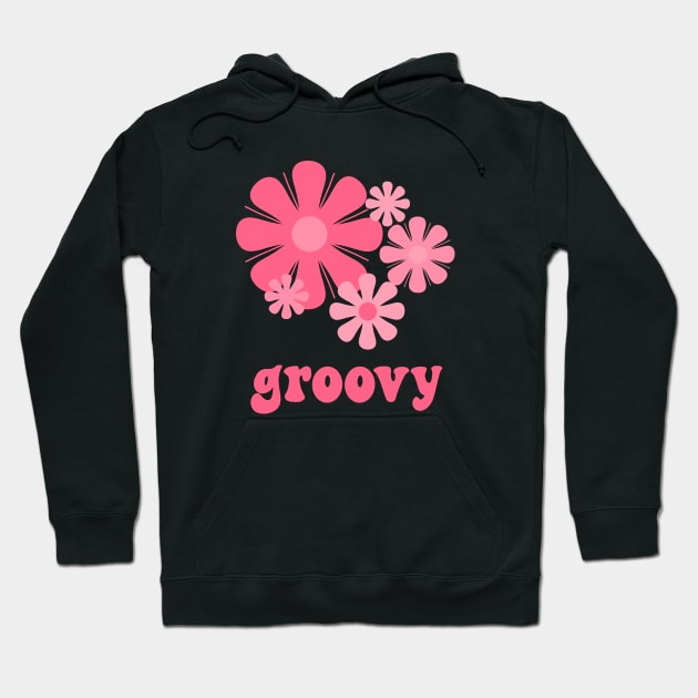 Groovy Retro 60s 70s Flowers Vintage Floral Typography in Pink Hoodie by KierkegaardDesignStudio